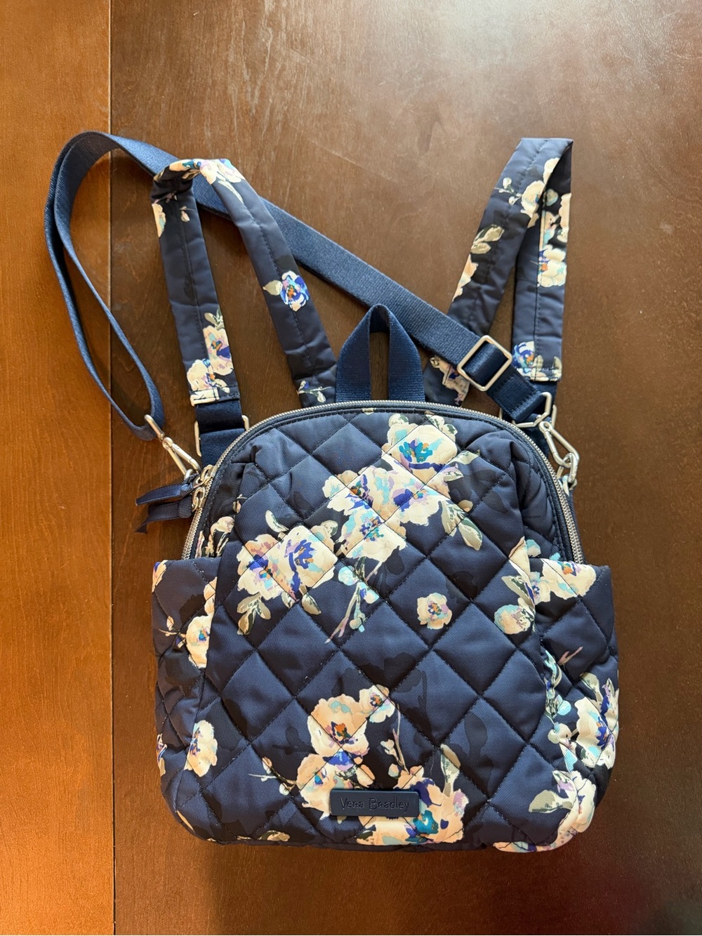 Vera Bradley Navy Floral Quilted Mini Backpack with Cream Accents